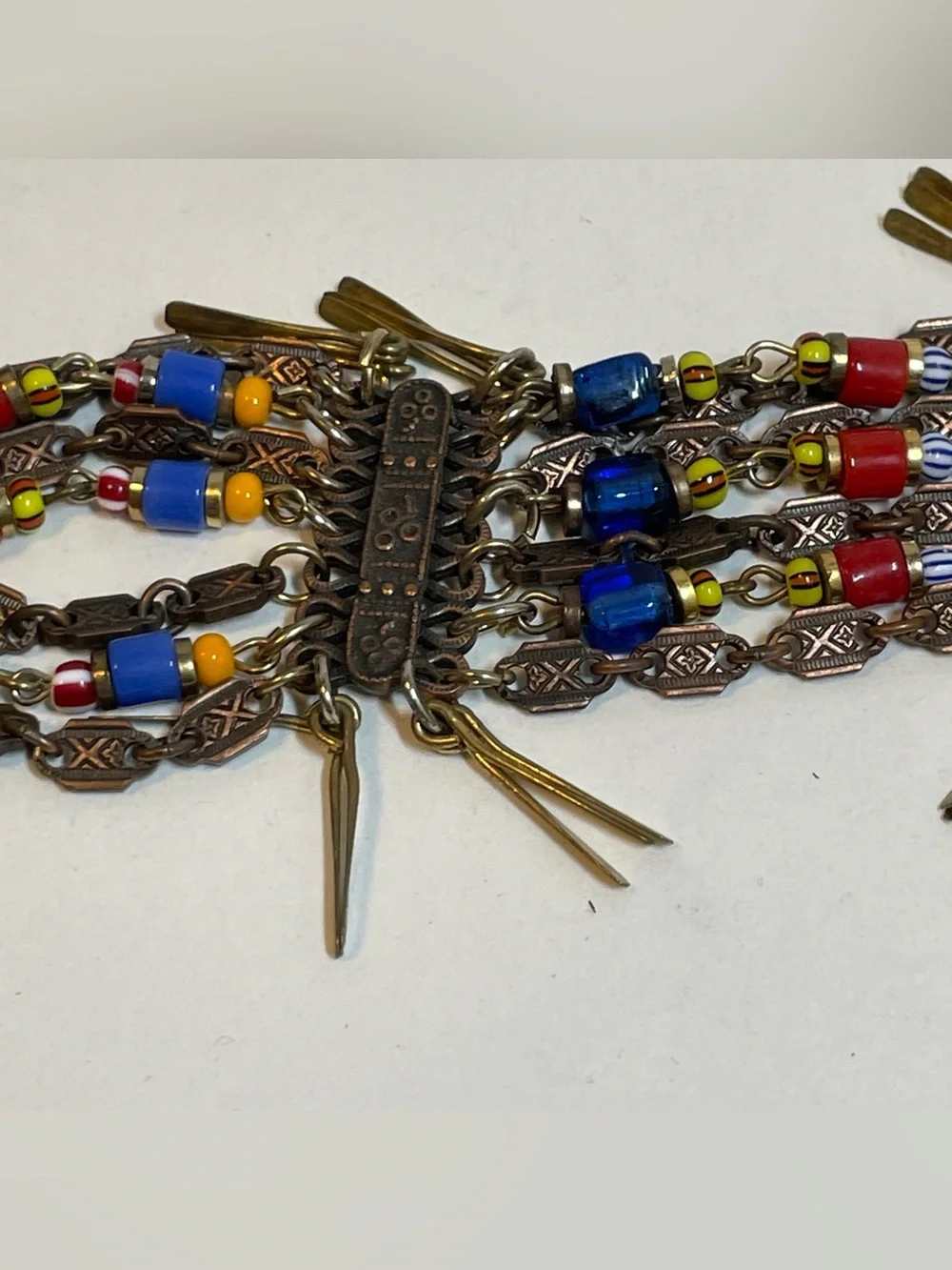 African Egyptian  Style Boho Beaded Copper Chain Brass Paddles Dangle Bracelet